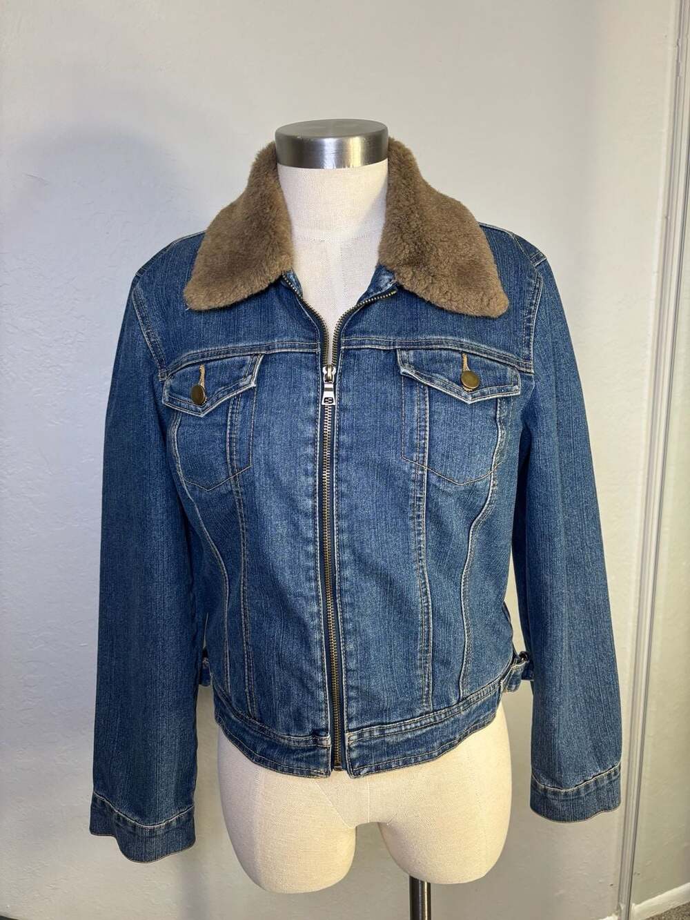 INC International Concepts Denim Jacket Size S Faux Fur Lined